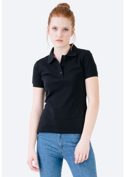 Siyah Klasik Düğmeli Kadın Polo Yaka T-Shirt