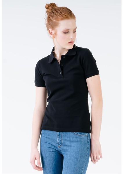 Siyah Klasik Düğmeli Kadın Polo Yaka T-Shirt fiyatları