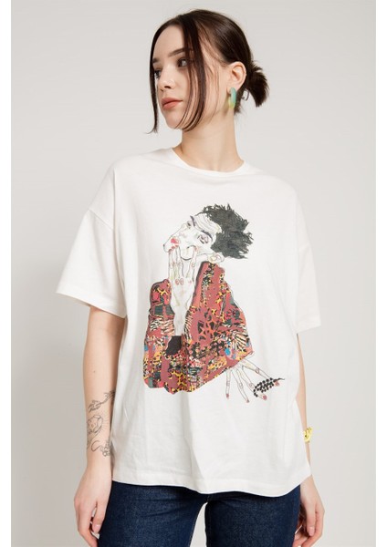 Özel Tasarım Egon Schiele Baskılı Oversize Beyaz Elbise T-Shirt