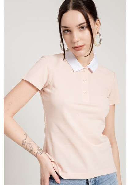 Pembe Slim Fit Klasik Düz Kadın Polo Yaka T-Shirt