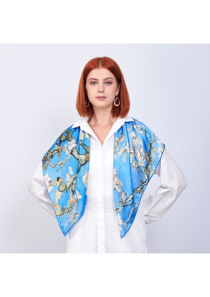 %100 Ipek Mavi Kare Fular Van Gogh Almond Blossoms 90 cm modelleri