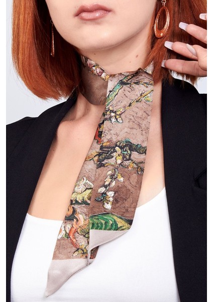 %100 Ipek Bej Twilly Fular Van Gogh Badem Ağacı