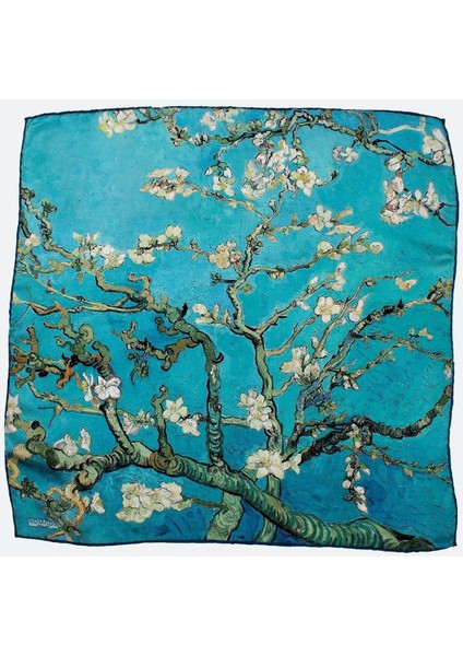 %100 Ipek Turkuaz Kare Fular Van Gogh Almond Blossoms