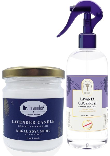 Dr. Lavender Lavanta Çiçeği Oda Kokusu 400 ml + 215 Gr. Lavanta Çiçeği Dekoratif Cam Mum