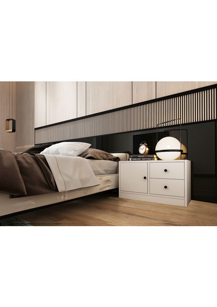 Dolapli Çekmeceli Komodin Beyaz 65 cm KMD-1004-Ç