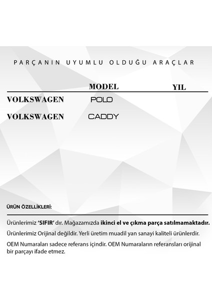 VW Polo, Caddy için Sol Dış Kapı Açma Kolu İç Plastiği modelleri