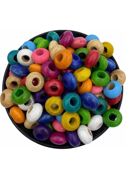 8 x 16MM Basık Rondela Model Karışık Renkli Tahta,ahşap Boncuk (100GR,~100 Adet Boncuk)