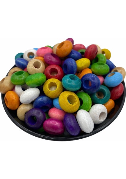 8 x 16MM Basık Rondela Model Karışık Renkli Tahta,ahşap Boncuk (100GR,~100 Adet Boncuk)