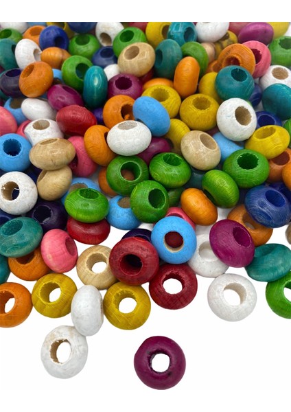 8 x 16MM Basık Rondela Model Karışık Renkli Tahta,ahşap Boncuk (100GR,~100 Adet Boncuk)