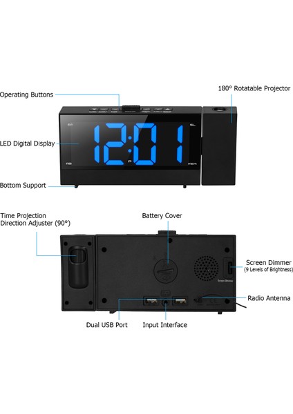 Top Geek 6,4 Inç Büyük Ekranlı Dijital Projeksiyon Çalar Saat