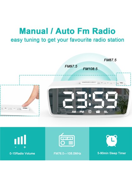 5.1'' Dijital Alarmlı Saatli Radyo, Aynalı Çalar Saat, (Yurt Dışından)