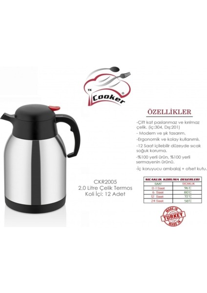 Çelik Çay Termos Paslanmaz Çift Katlı 2 Litre