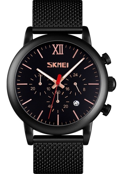 Skmeı 9203 Aydınlık Chronograph Çelik Örgü Bant Kuvars Izle (Siyah)