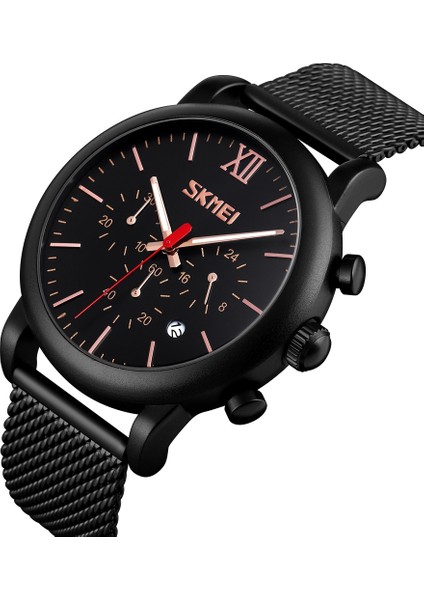 Skmeı 9203 Aydınlık Chronograph Çelik Örgü Bant Kuvars Izle (Siyah)