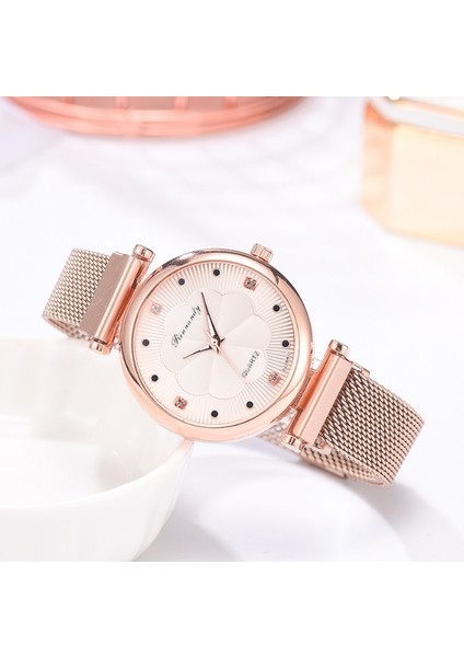 Bayanlar Mıknatıs Toka Izle Casual Çiçek Arama Izle (Altın Beyaz + Bilezik)