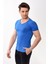 V Yaka Basic Slim Fit Erkek Tişört T-Shirt Saks Mavisi 3