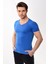 V Yaka Basic Slim Fit Erkek Tişört T-Shirt Saks Mavisi 4