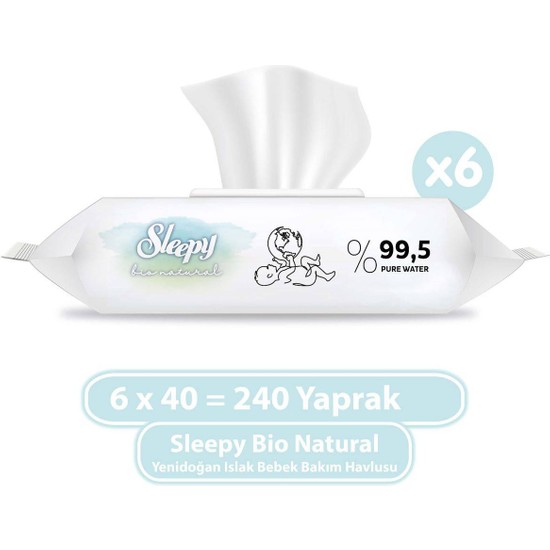 Sleepy Bio Natural Yenidoğan Islak Bebek Bakım Havlusu 6X40 (240 Yaprak) Hassas Cilt İçin Doğal