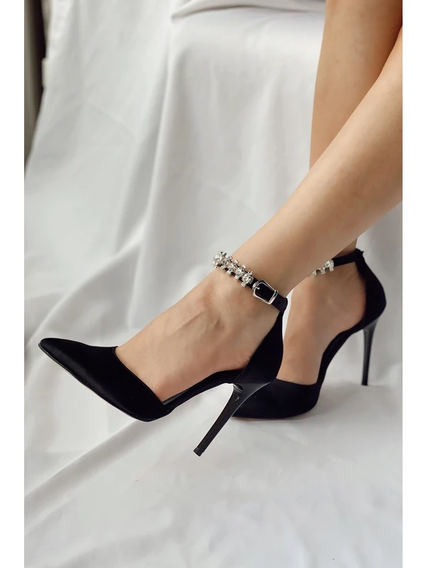 Nil Shoes Gizmo Siyah Saten Bilekten Taşlı Topuklu Ayakkabı