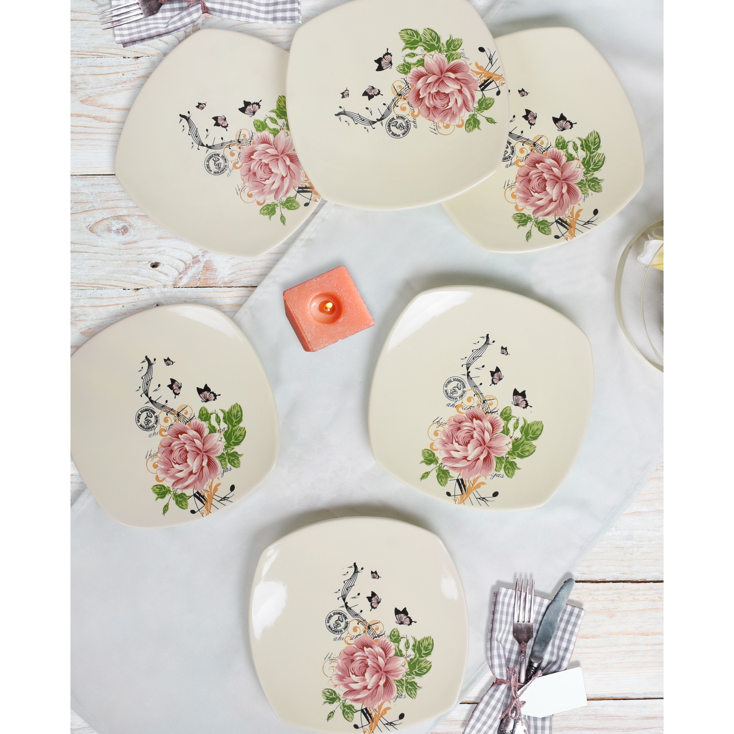 Keramika 6 Adet 22 Cm Köşem Pasta Tabağı Pink Rose Fiyatı
