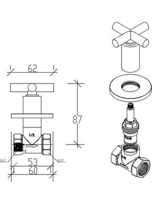 Tema Cross Ankastre Stop Valf 1/2-1/2 69220