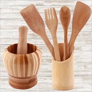 Bambu Havan Ve Ahşap Çatal Kaşık Seti 7 Parça