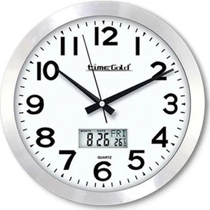 Time Gold Lorin Dijital Tarih ve Derece Göstergeli Yuvarlak Cam Duvar Saati