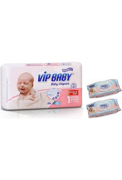Vip Baby Active&Soft 1 Numara Yenidoğan 44 Adet Bebek Bezi + Islak Mendil