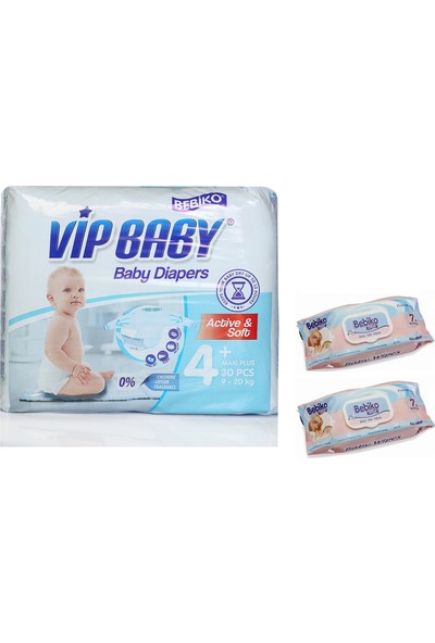 Vip Baby Active&Soft 4 Numara Maxi Plus 30 Adet Bebek Bezi + Islak Mendil