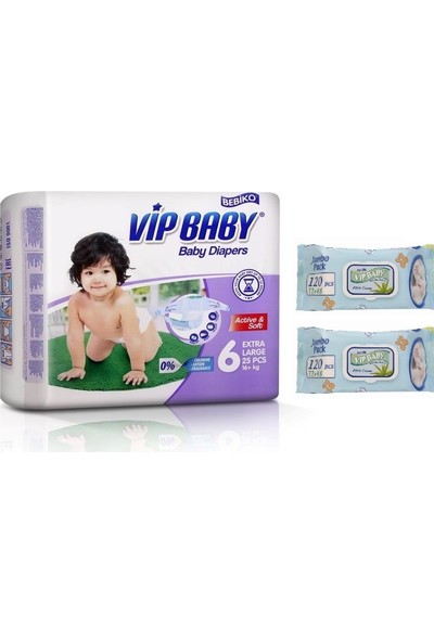 Vip Baby Active&Soft 6 Numara Extra Large 25 Adet Bebek Bezi + Islak Mendil