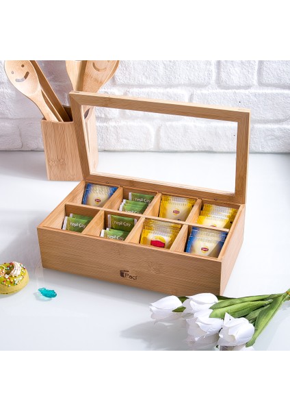 AHS-700157 Bambu 8 Bölmeli Çay Saklama Kutusu