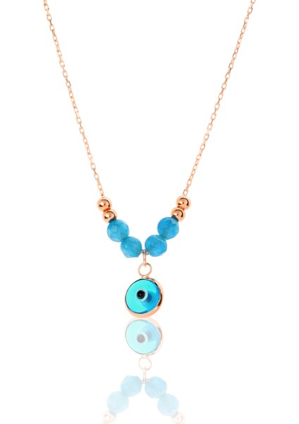 925 Ayar Gümüş Mavi Akik Taşlı Nazar Kolye Rchalk1021