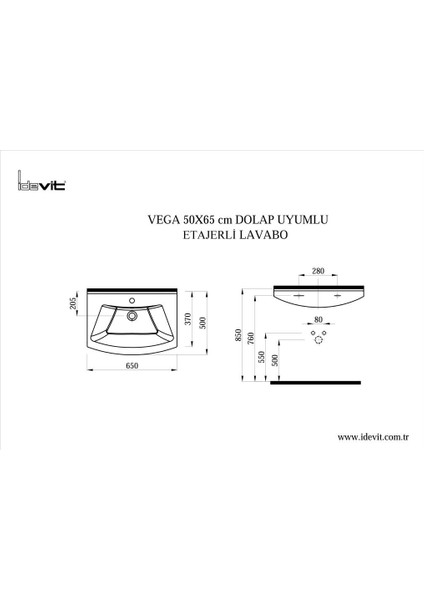 İDEVİT Vega 65CM Hilton Dolap Uyumlu Etejerli Lavabo 5 Yıl Garanti fiyatları