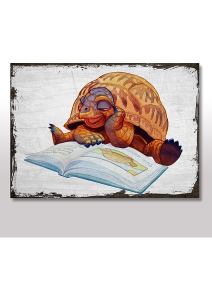 Ahşap Tablo Kitap Okuyan Kaplumbağa 25x35 Cm