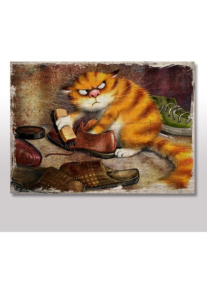 Ahşap Tablo Ayakkabı Boyacı Kedi 25x35 Cm