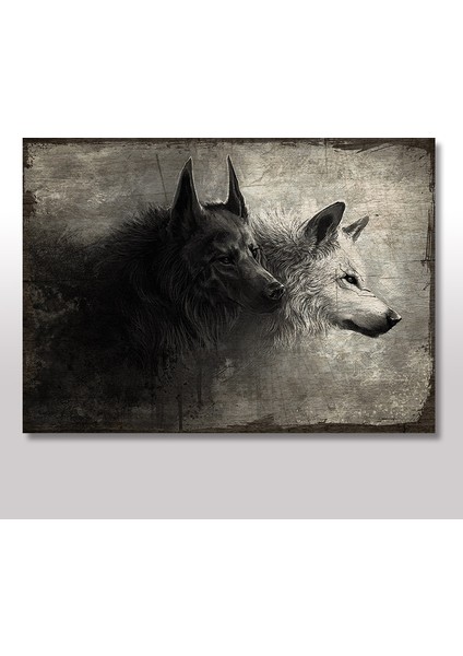 Ahşap Tablo Siyah Beyaz Kurtlar 25x35 Cm