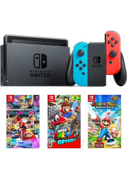 Renkli + MarioKart Deluxe Oyun + Super Mario Odyssey Oyun + Mario Rabbids Oyun