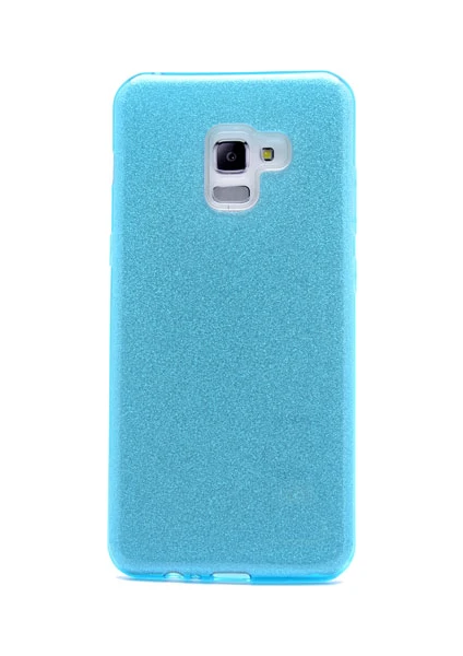 Case 4U Samsung Galaxy A8 2018 Kılıf Çift Katmanlı Simli Shining Sert Silikon Arka Kapak Mavi