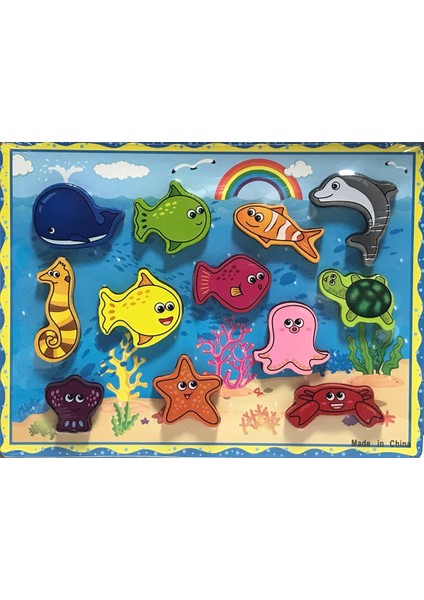 Renkli 12 Parça Balıklar Kalın Ahşap Puzzle (30x23 cm)