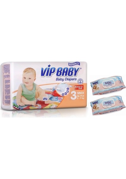 Vip Baby Active&Soft 3 Numara Midi 36 Adet Bebek Bezi + Islak Mendil