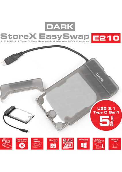 Storex E210 2.5" USB 3.1(Gen1) Type-C SATAI/II/III SSD/SSHD/HDD Disk Kutusu (DK-AC-DSE210)