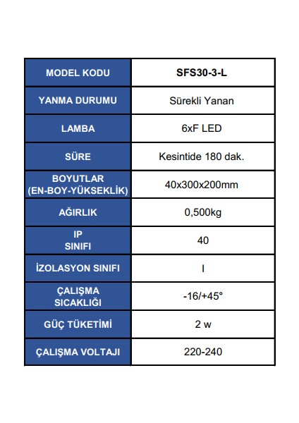 SFS24 3 L Acil Çıkış Yönlendirme Armatürü Sürekli Yanan 6xF LED Kesintide 180 dak. 40x240x170mm