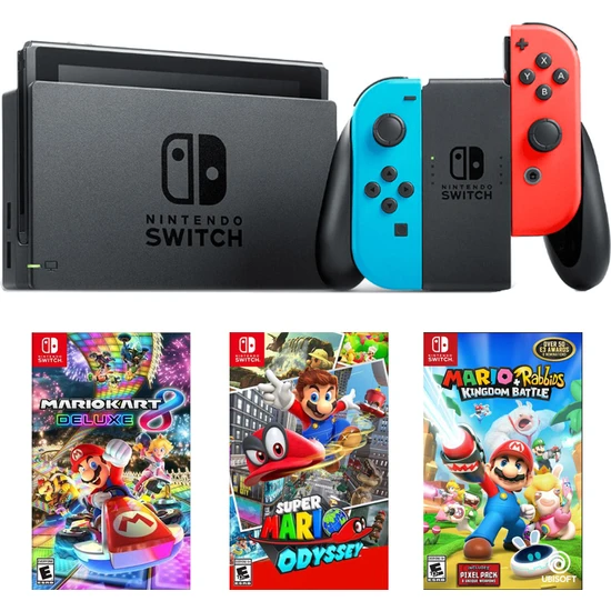 Nintendo Switch Renkli + MarioKart Deluxe Oyun + Super Mario Odyssey Oyun + Mario Rabbids Oyun