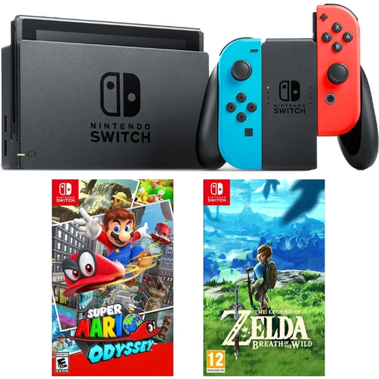 Nintendo Switch Renkli + Super Mario Odyssey Switch Oyun + Zelda Switch Oyun
