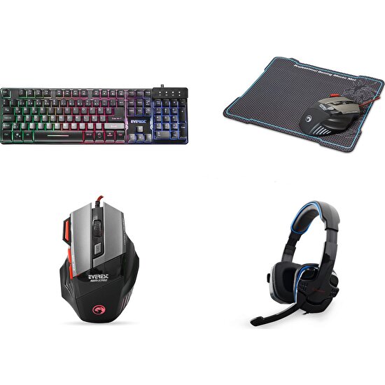Everest Gaming Pro Set (Işıklı Gökkuşağı Klavye + Oyuncu Mouse + Pad + Gaming Işıklı Kulaklık)