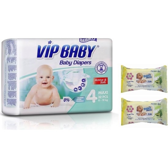 Vip Baby Active&Soft 4 Numara Maxi 32 Adet Bebek Bezi + Islak Mendil
