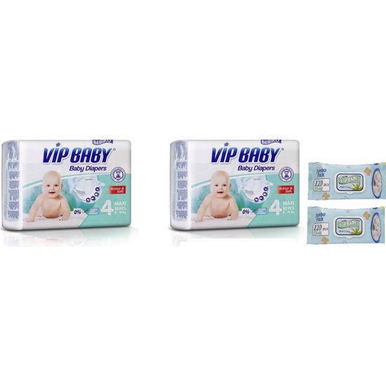 Vip Baby Active&Soft 4 Numara Maxi 32 Adet x 2 PaketBebek Bezi + Islak Mendil
