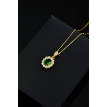 Papatya Silver 925 Ayar Gümüş Gold Kaplama Yeşim Renkli Taş Tepelikli Oval Tasarım Kolye