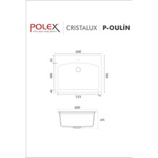 POLEX Cristalüx Granit Evye P-OL60 Antrasit Tezgah Altı Ve Tezgah Üstü Kare Mutfak Evyesi 60x49,5cm