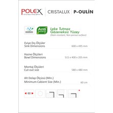 POLEX Cristalüx Granit Evye P-OL60 Antrasit Tezgah Altı Ve Tezgah Üstü Kare Mutfak Evyesi 60x49,5cm